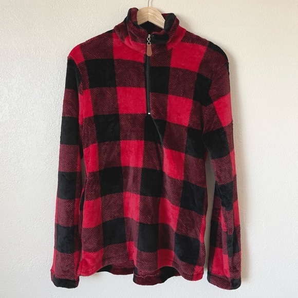 NWOT Pink Lily Glittering South Red Buffalo Plaid
Quarter Zip Pullover - Picture 3 of 7